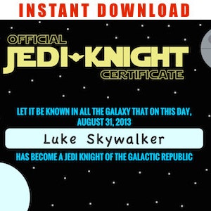 Jedi Certificate for Star Wars Party - Editable Files you can personalize; Star Wars Party Favor; Star Wars Party Supply