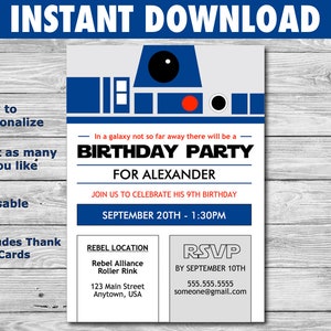 Faire-part d'anniversaire Star Wars R2-D2 - fichier DIY à personnaliser à la maison - pour fêtes d'enfants ou d'adultes - avec des cartes de remerciement