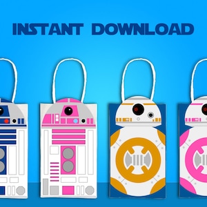 May include: Four printable gift bags featuring Star Wars characters. The bags are white with blue, pink and yellow accents. The characters are R2-D2, BB-8, and two versions of BB-8. The text "INSTANT DOWNLOAD" is at the top of the image.