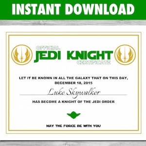 Jedi Certificate for Star Wars Party - Editable Files you can personalize; Star Wars Party Favor; Star Wars Party Supply
