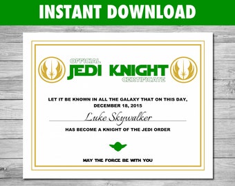 Editable Jedi Knight Certificate: Star Wars Party Favor (PDF)