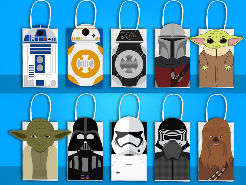 Puede incluir: Diez bolsas de regalo de papel con tem&aacute;tica de Star Wars con asas. Las bolsas presentan personajes de las pel&iacute;culas de Star Wars, incluidos R2-D2, BB-8, Darth Vader, Yoda y Chewbacca.