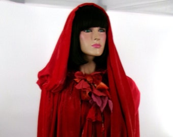 1920's Art Deco Cherry Silk Velvet Cloak with Floral Embellishment at Collar