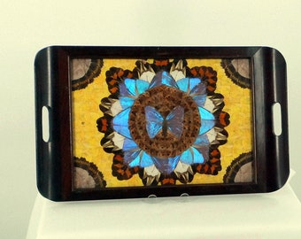 Handsome Brazilian Art Deco, Handmade Folk Art, Wooden Tray with Butterfly Decoration