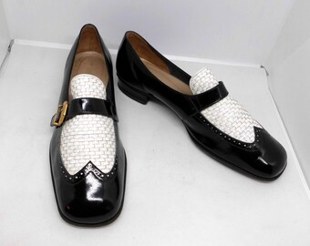 Handsome Pair of 1968 Vintage Black Patent Leather and White Woven Leather Flats/Slip-Ons