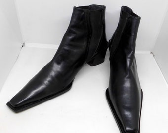 Stunning Stuart Weitzman Black Leather Slip-On Short Boots with Square Toes and Heels