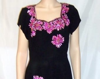 1940's Black Crepe Dress with Large Fuchsia Colored Sequined Flowers