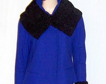 Custom-Made Women's Cobalt Blue Suit Trimmed in Black Persian Lamb