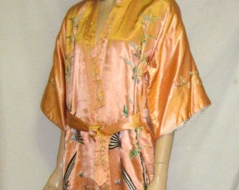 Apricot Chinese Embroidered Robe with Birds and Peonies, Labeled "DahChong & Co. Chefao China"