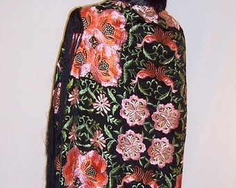 Chinese Embroidered Shawl with Pink and Apricot Florals on Black Background