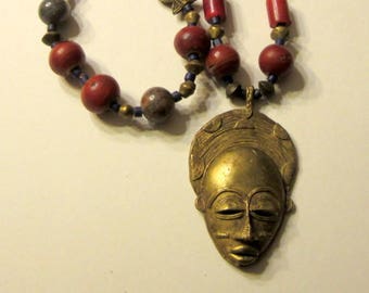 OOAK, Ethnic/Bohemian Stone Beaded Necklace with Face Pendant, of African Origin