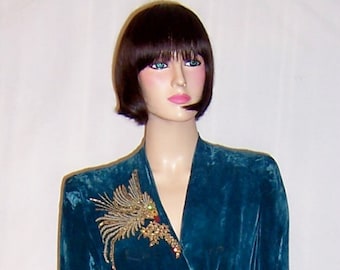 Luxurious Teal Silk Velvet House Wrapper with Beaded Bird, Flora, and Fauna