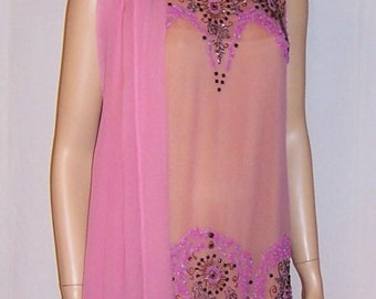 1920's Exquisite Raspberry Sorbet Beaded Gown and Matching Shawl