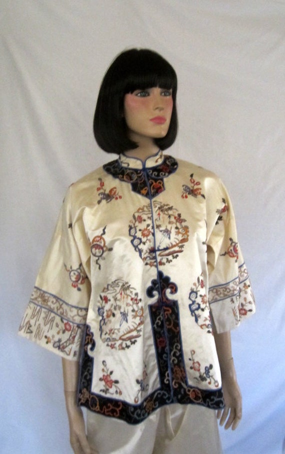 White Chinese Embroidered Jacket and Pant Set