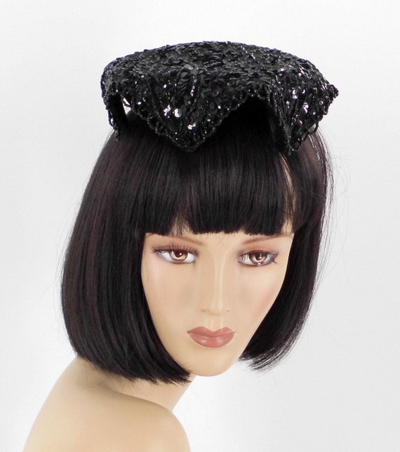 Black Beaded and Sequined Evening Hat by H.B. Bur… - image 2