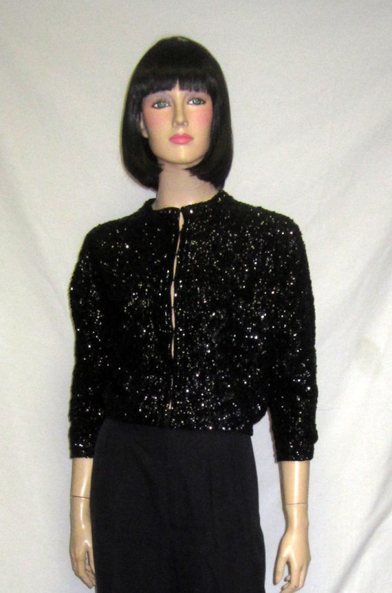 1950's Black Sequined Evening Sweater/Cardigan - image 1