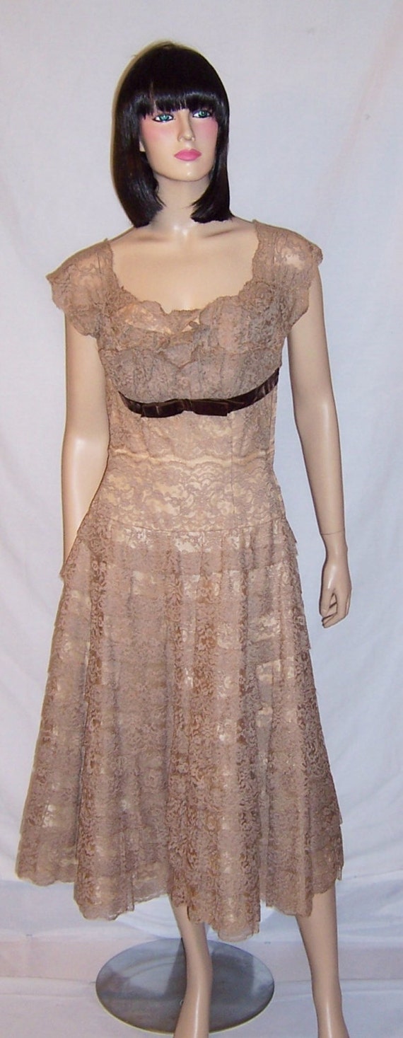 Henry A. Condor-1950's Mocha Lace Cocktail Dress