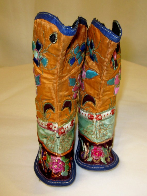 Chinese Children's Orange Silk Embroidered Boots - image 2
