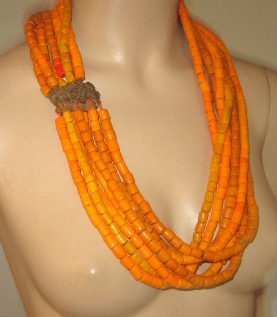 Authentic Large Orange Tile Beaded Necklace from … - image 4