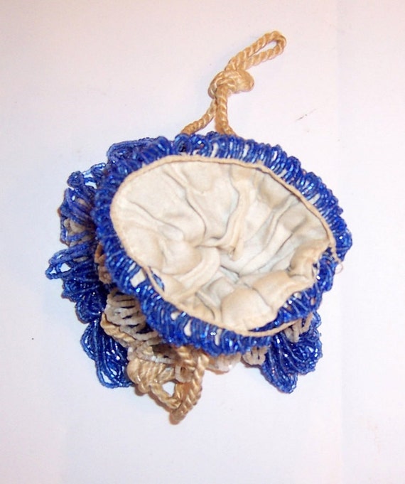 1920's Cobalt Blue and White Glass Beaded Drawstr… - image 3