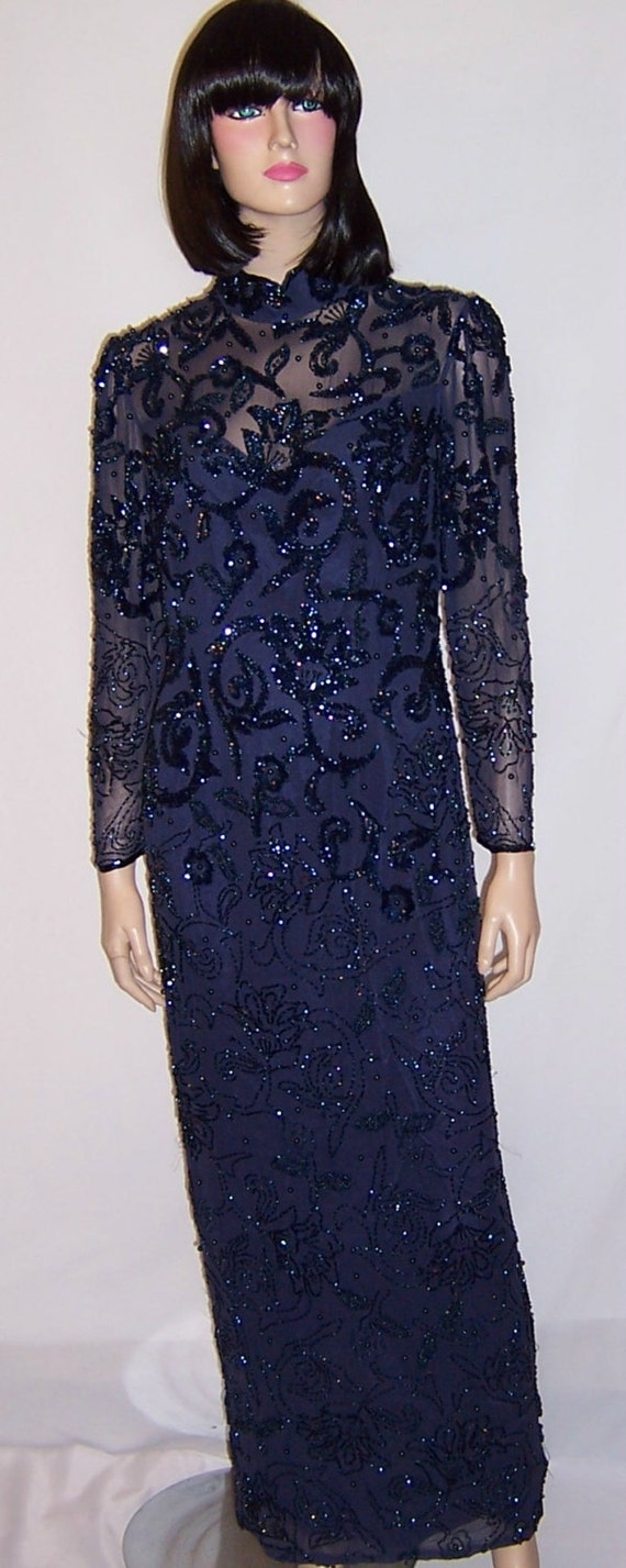Oleg Cassini Midnight Blue Beaded and Sequined Gow