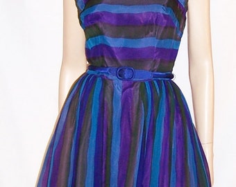 1950's Mr. Mort Vibrant Striped Chiffon Cocktail Dress