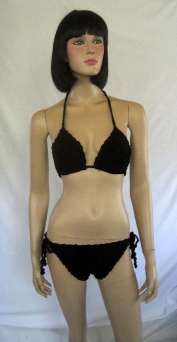 1960's Original Black Hand-Crocheted Bikini