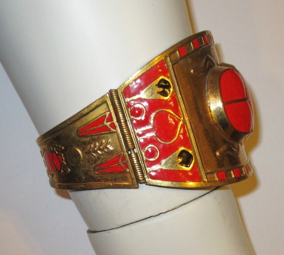Extraordinary Art Deco Scarab Cuff in Red and Bla… - image 3