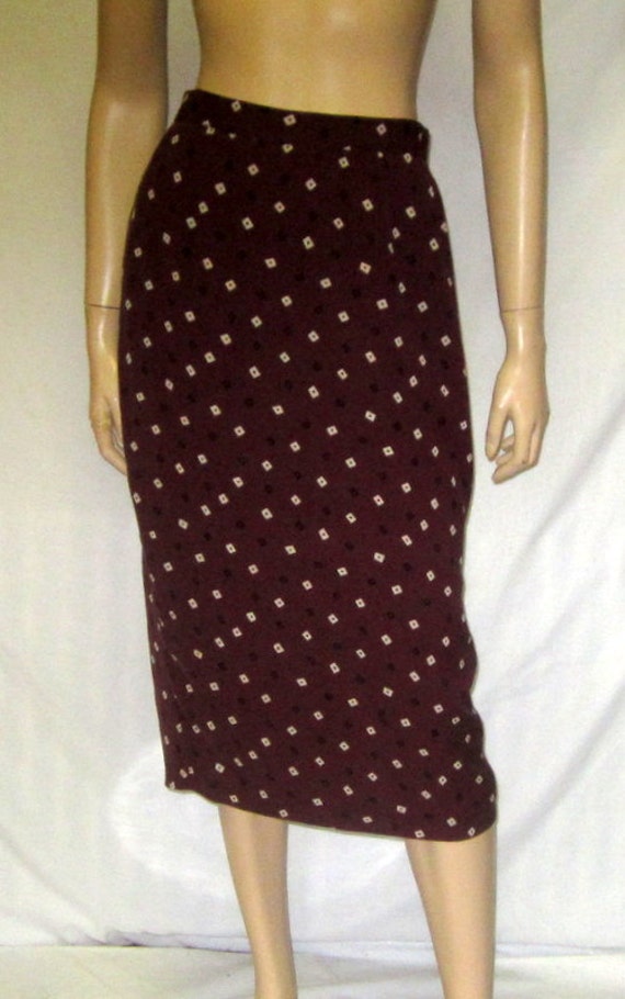 1980's DKNY Brown Silk Printed  Straight Skirt - image 1