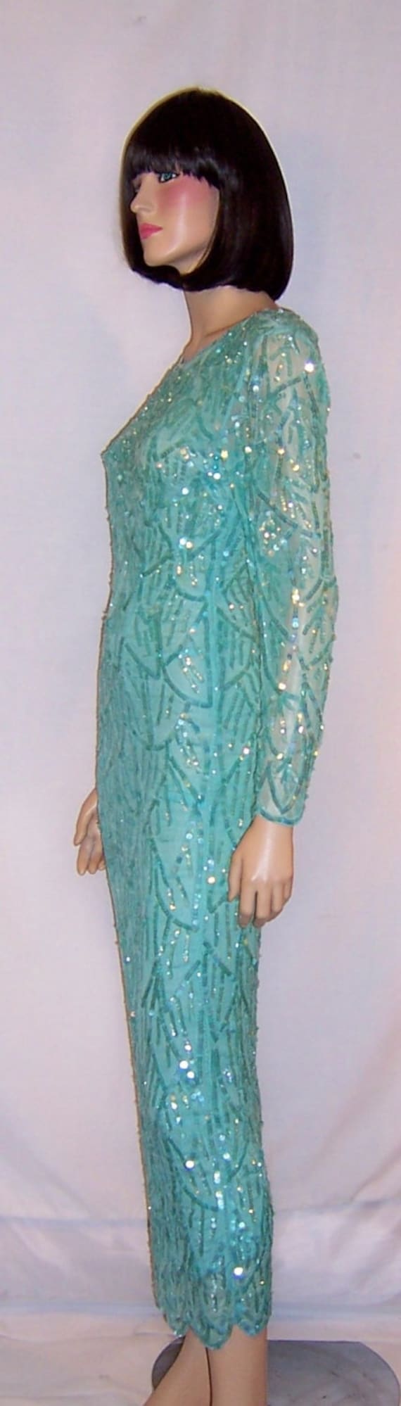 Pale Turquoise Sequined and Beaded Gown - image 4