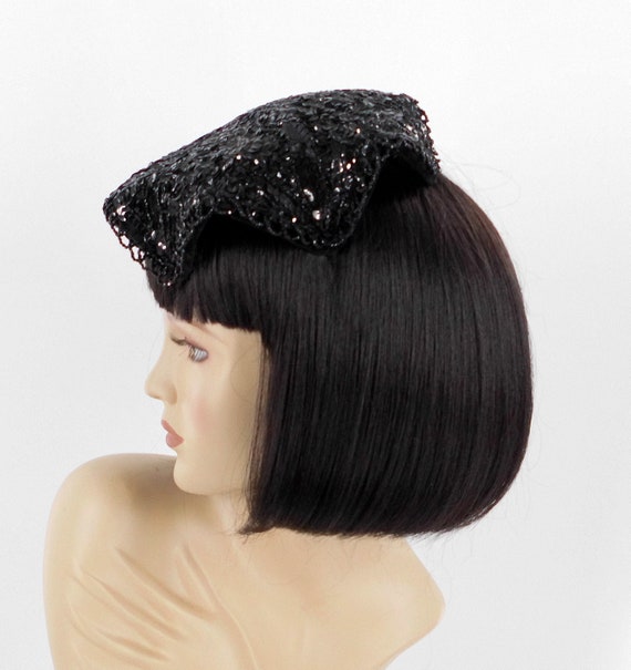 Black Beaded and Sequined Evening Hat by H.B. Bur… - image 1