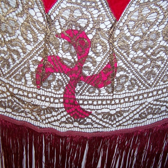 1920's Cerise-Colored Silk Velvet Shawl with Meta… - image 4