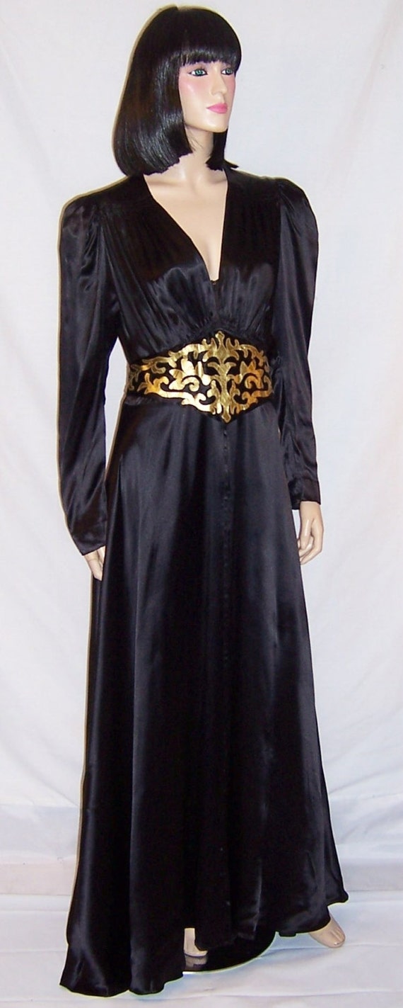 1940's Black Charmeuse Gown with Gold Leather Appl