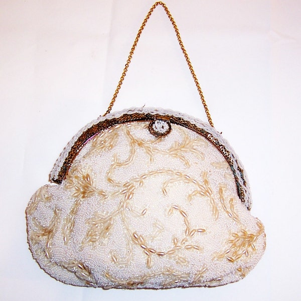 1950's "Jolies Original" Hand-Crafted White Beaded Purse/Handbag