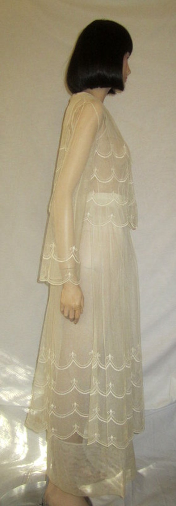 White Edwardian Tea Gown on Netting with Embroide… - image 5