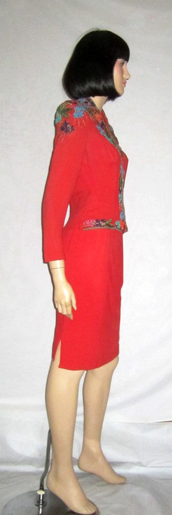 1940's Tomato Red, Multi-Colored Beaded Suit by "… - image 2