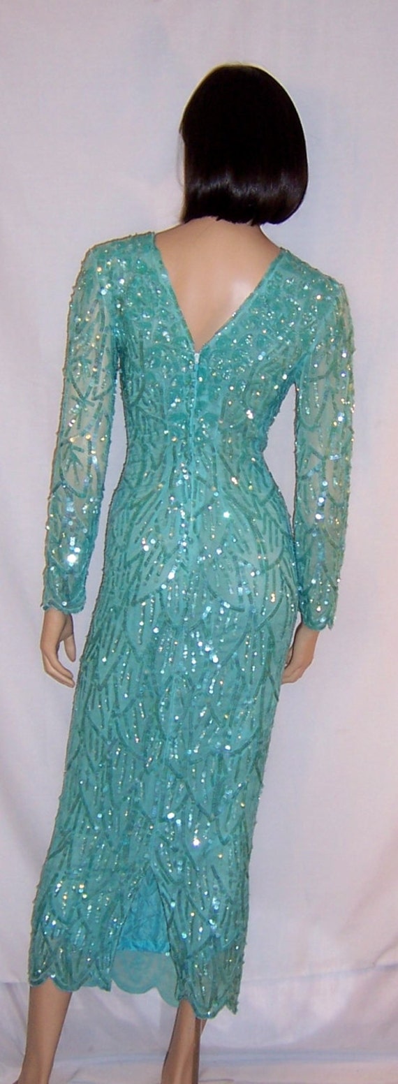 Pale Turquoise Sequined and Beaded Gown - image 3