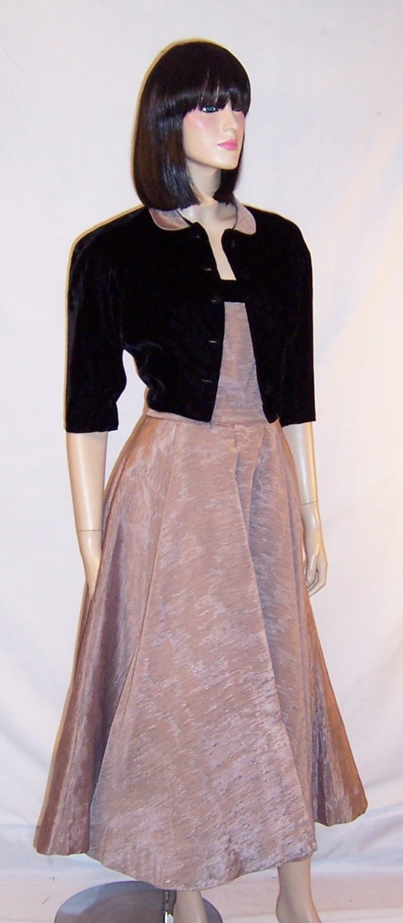 1950's Elegant Muted Pink and Black Velvet Gown with Bolero Jacket image 1