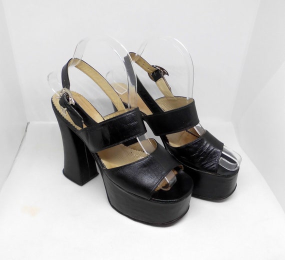 Vintage Early 1970's Black Leather Platform Shoes - image 2