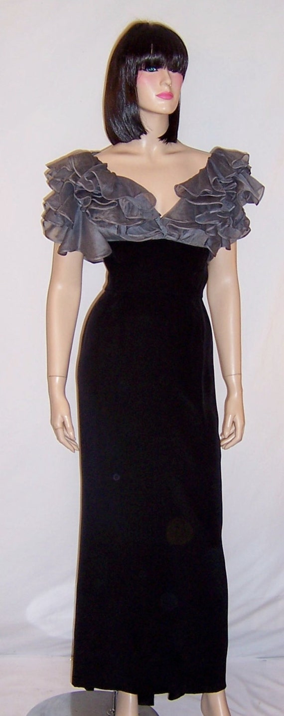 Late 1930's Black Gown with Gray Organdy Ruffled B