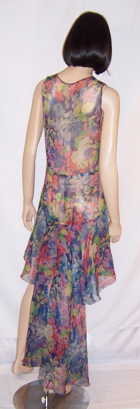 Art Deco Blue Floral Printed Chiffon Fishtail Gown - image 2