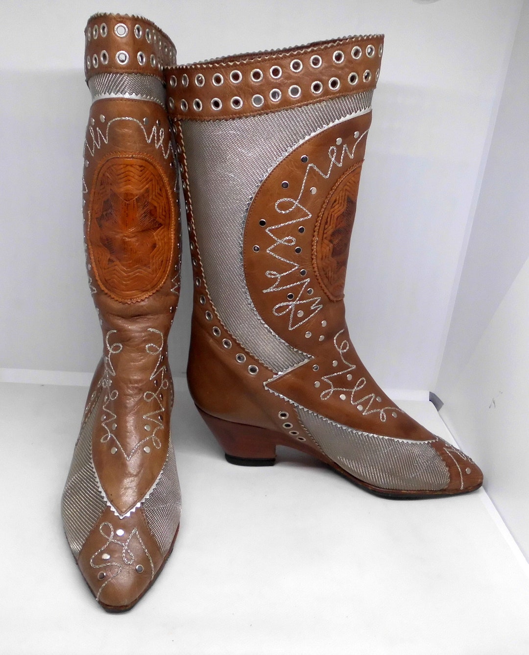 El Vaquero Custom Made Bohemian Chic Exquisite Brown Leather and Silver Mesh Mid calf Boots With Eyelets Studs and Embroidery Etsy UK