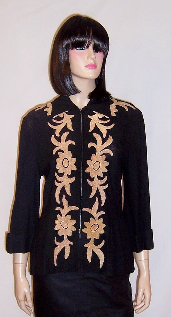 1940's Black Knit Jacket with Tan Chenille Appliqu