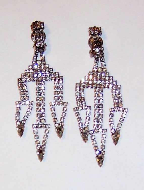 1960's Clear Rhinestone, Clip-On, Dangle Earrings - image 1