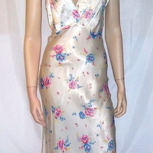 1930's White Satin Negligee with Printed Floral designs image 1