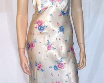 1930's White Satin Negligee with Printed Floral designs