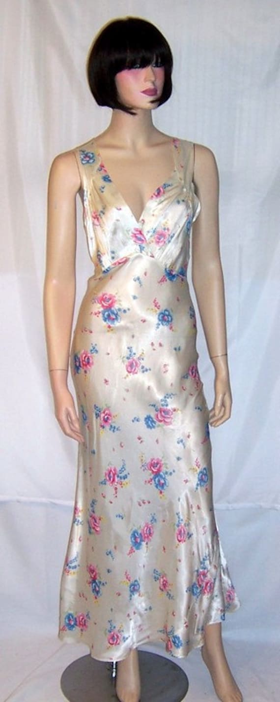 1930's White Satin Negligee with Printed Floral de