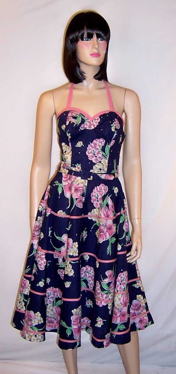 Fanciful 50's Navy & Pink Sundress with Halter Nec