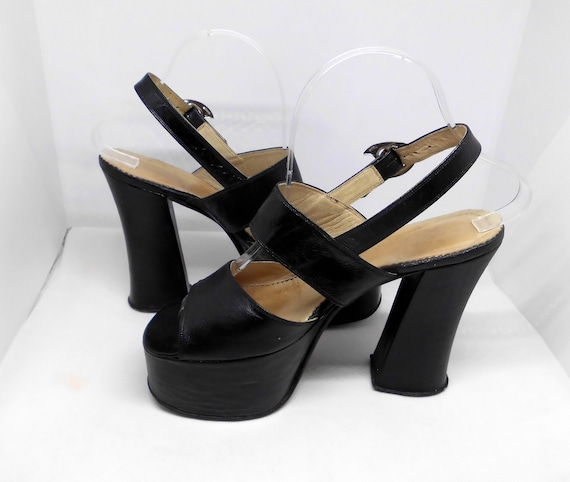 Vintage Early 1970's Black Leather Platform Shoes - image 1