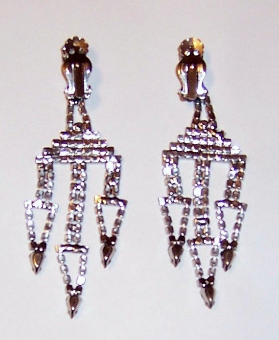 1960's Clear Rhinestone, Clip-On, Dangle Earrings - image 2